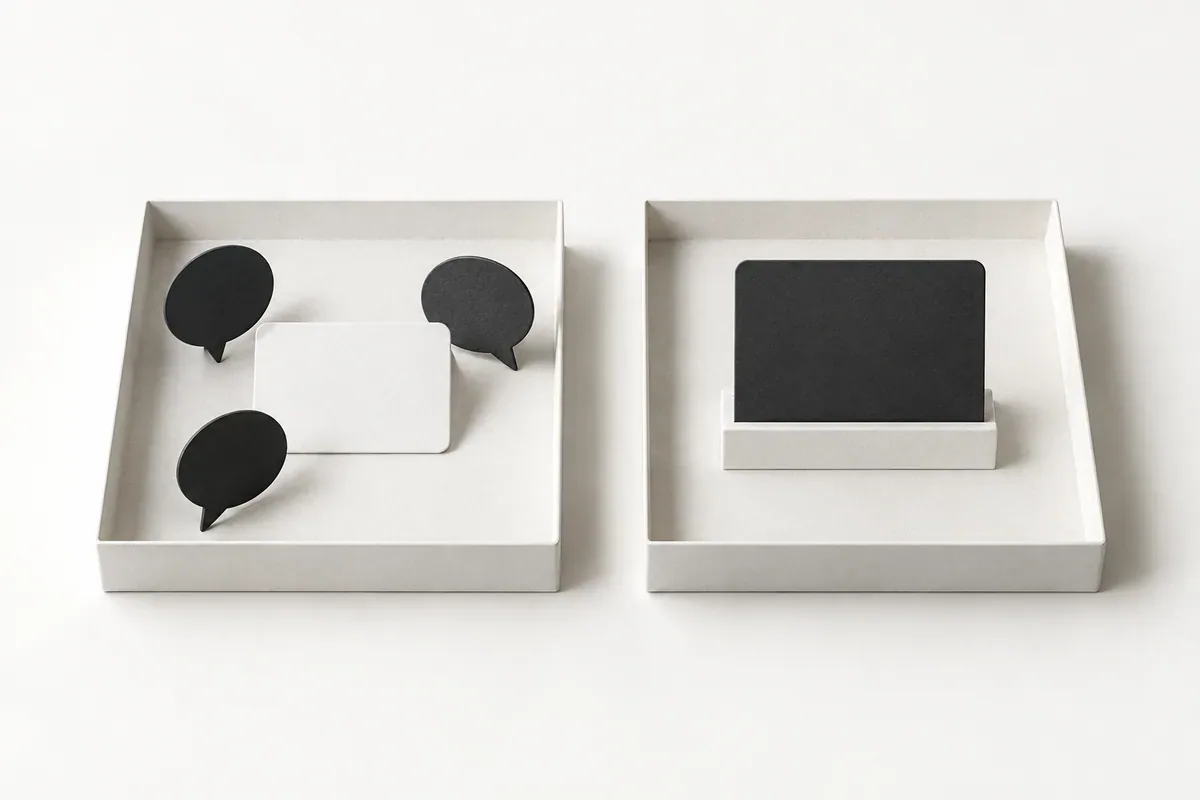 Two equal trays: speech bubbles surround a product card on the left; a display holder presents a card on the right.