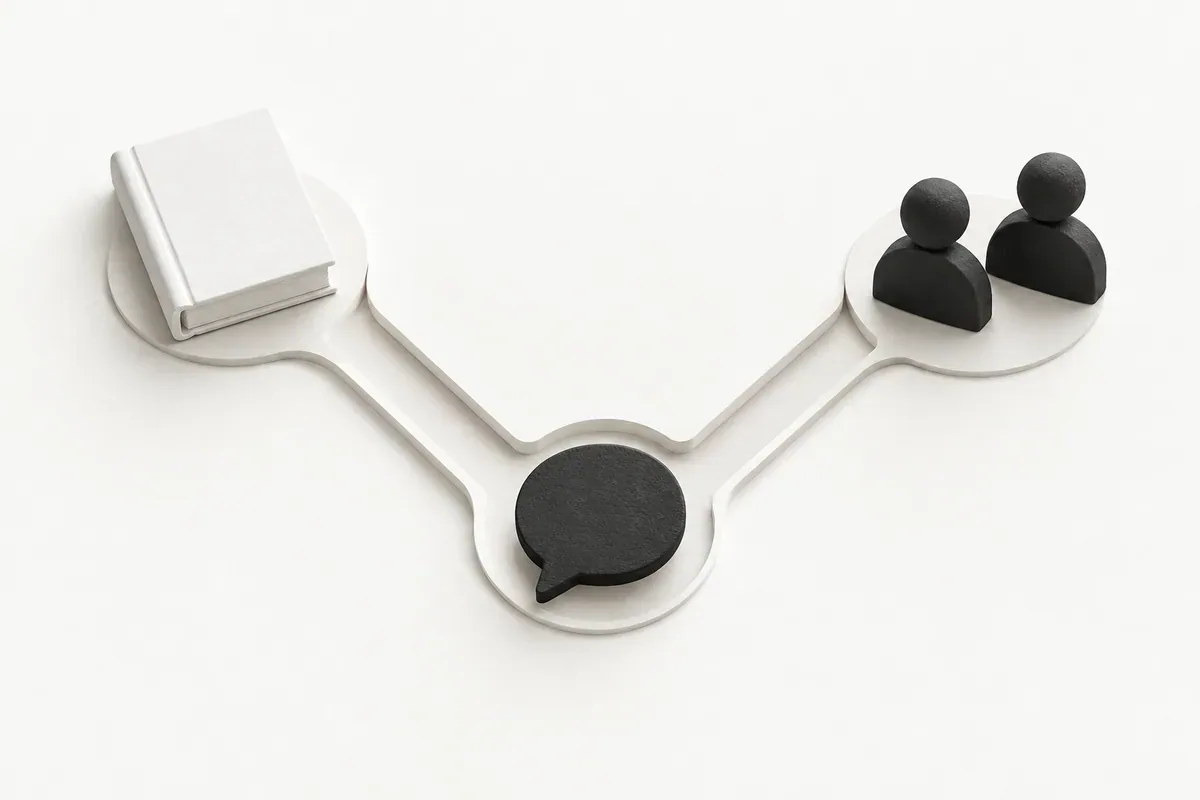 A speech-bubble token connects through a branching paper channel to a blank book and two human-shaped tokens.